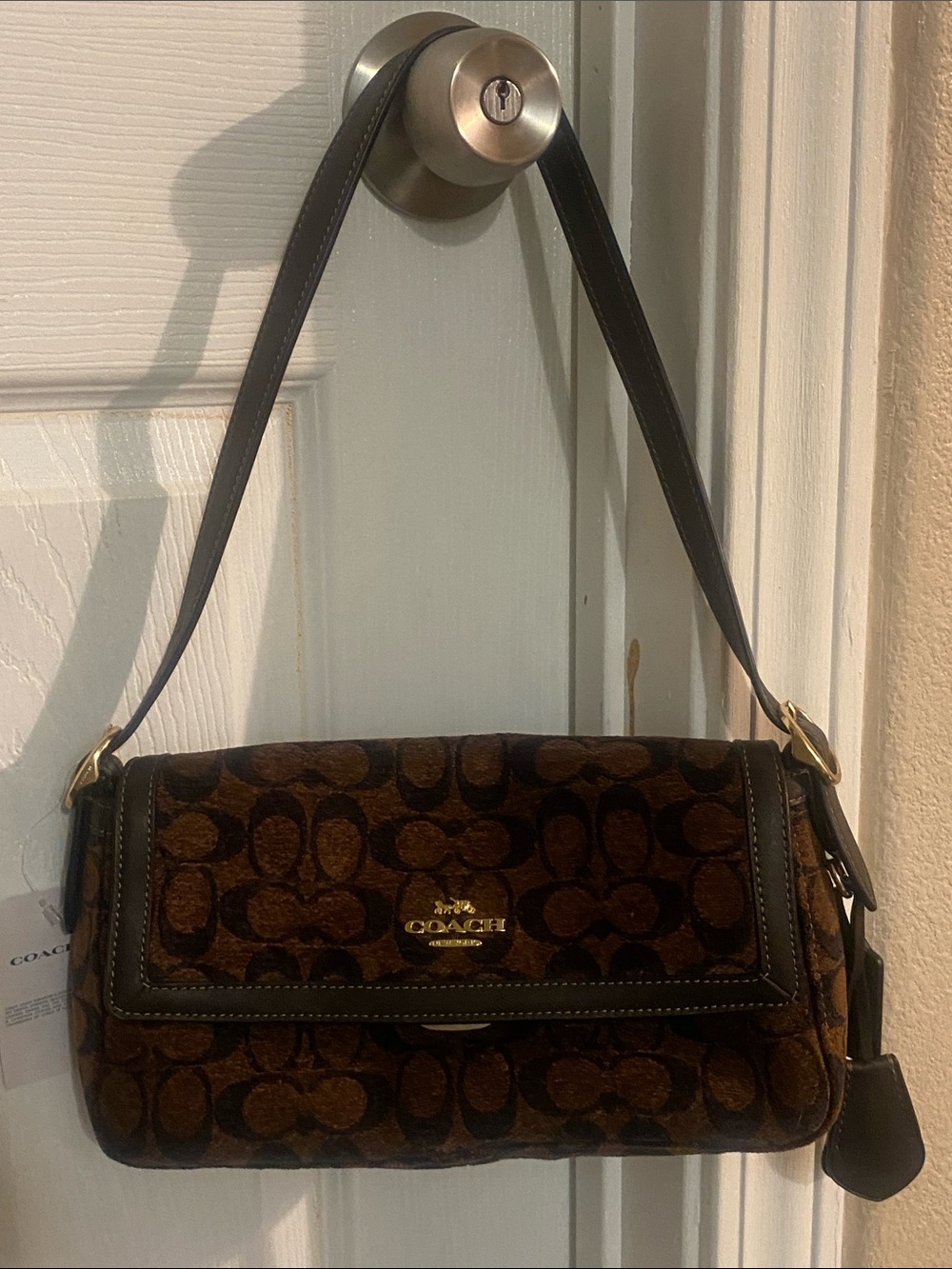 Coach Brown Signature Canvas Shoulder Bag with Dark Leather Strap